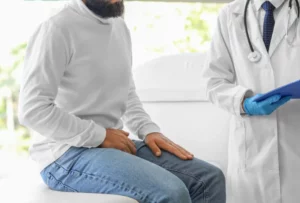 Man with Prostate Problem Visiting Urologist in Clinic, Closeup