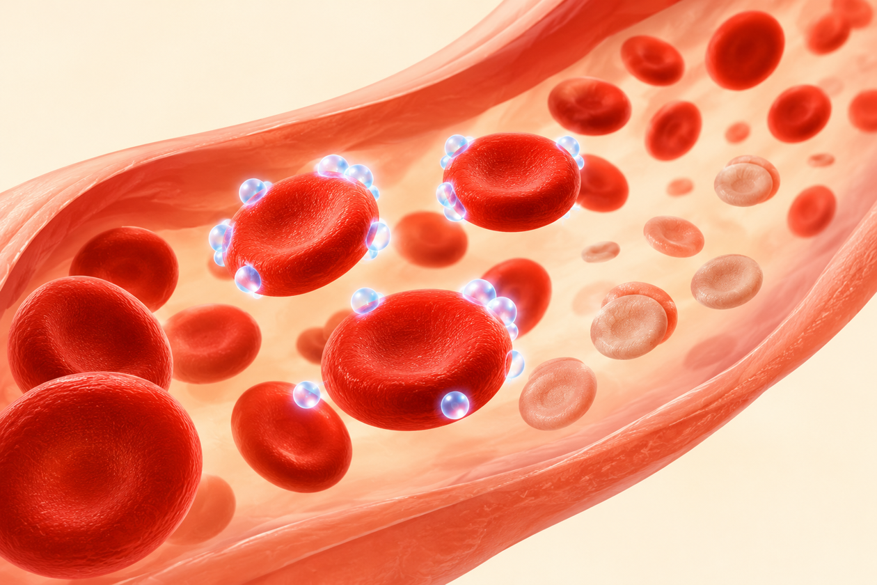 Illustration of red blood cells carrying oxygen, some pale and smaller from low iron