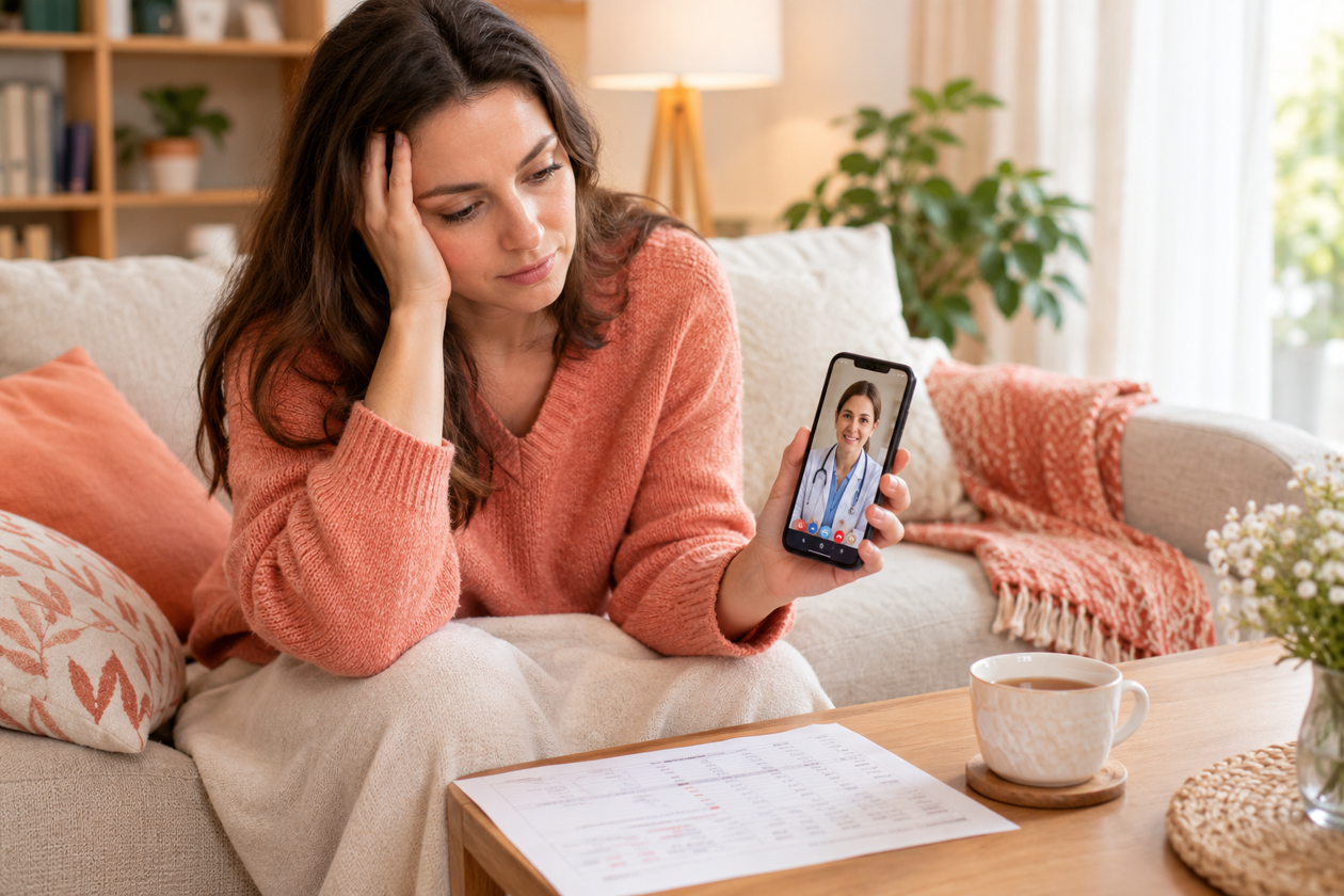 Tired woman resting her head on her hand while talking to a doctor on a video call about her blood test results