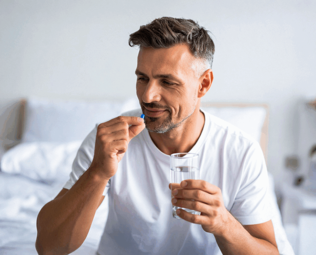 A man over 40 having Cialis tablet after online consultation with a doctor