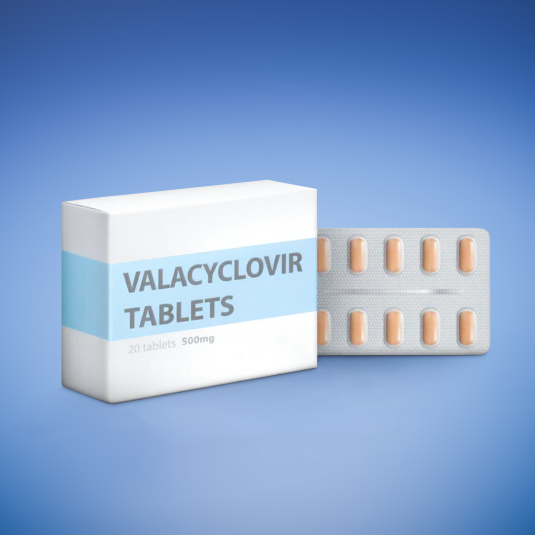 Blister pack of Valtrex tablets, used to treat herpes, shingles, and cold sores outbreaks.