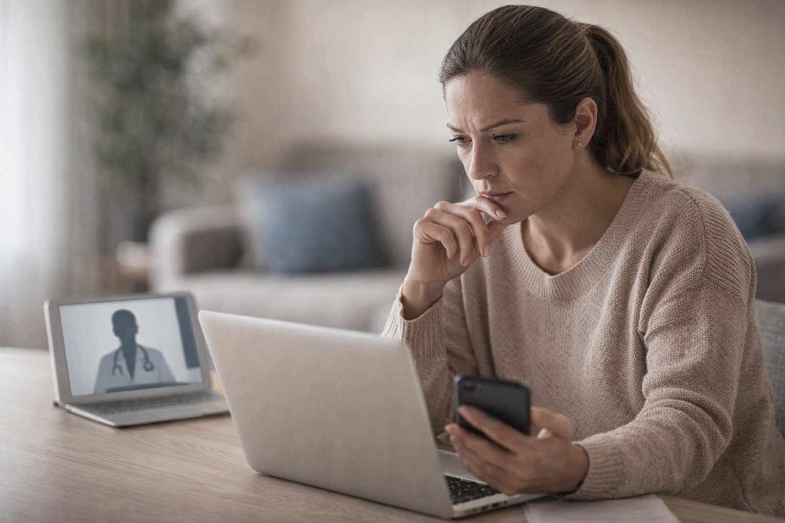 Adult reviewing health information on a laptop at home while considering urgent care options in Toronto.