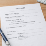 A sample Canadian sick note template with patient name, date, clinician signature, and work fitness statement.