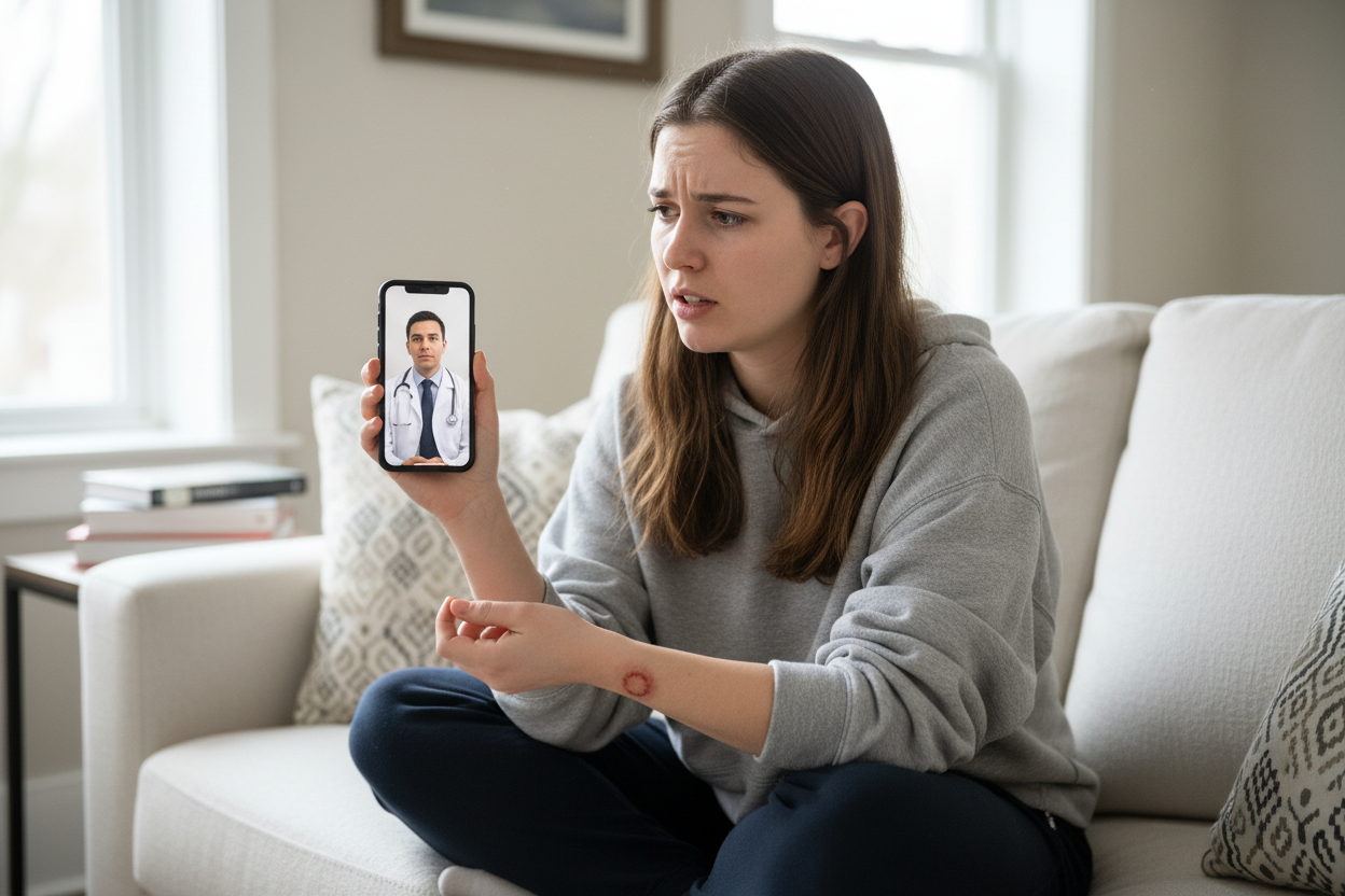 Worried person showing a ring-shaped ringworm rash to a doctor on a video call