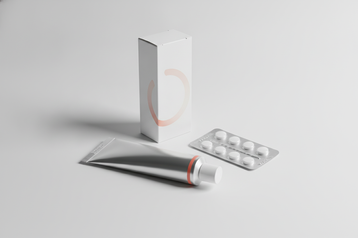 Antifungal ringworm treatment, cream tube, box and tablets