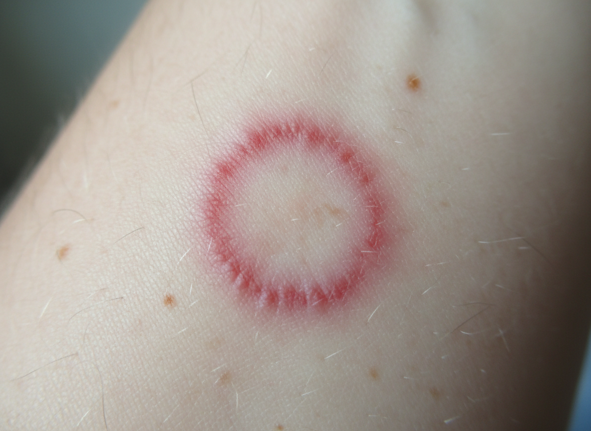 Close-up of a ring-shaped ringworm rash on the forearm