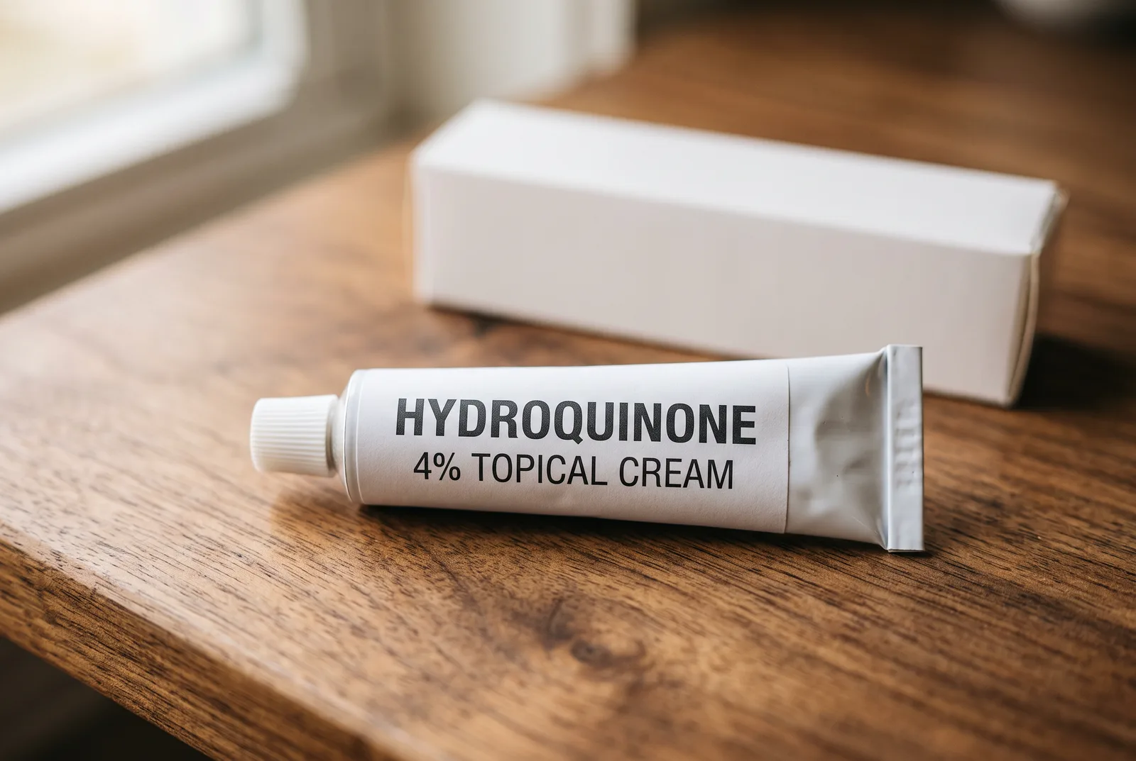 A tube of hydroquinone 4% topical cream beside a plain pharmacy carton
