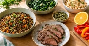Table with iron-rich foods for anemia, including lentils, spinach, beef, beans, pumpkin seeds and orange slices