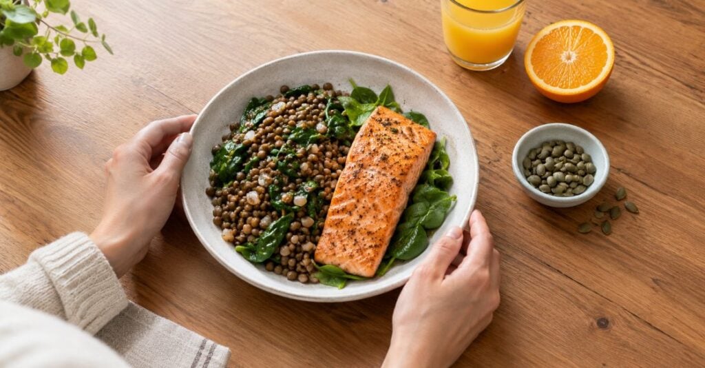 Bowl of lentils, spinach and salmon with orange juice and pumpkin seeds, iron-rich foods that help increase hemoglobin