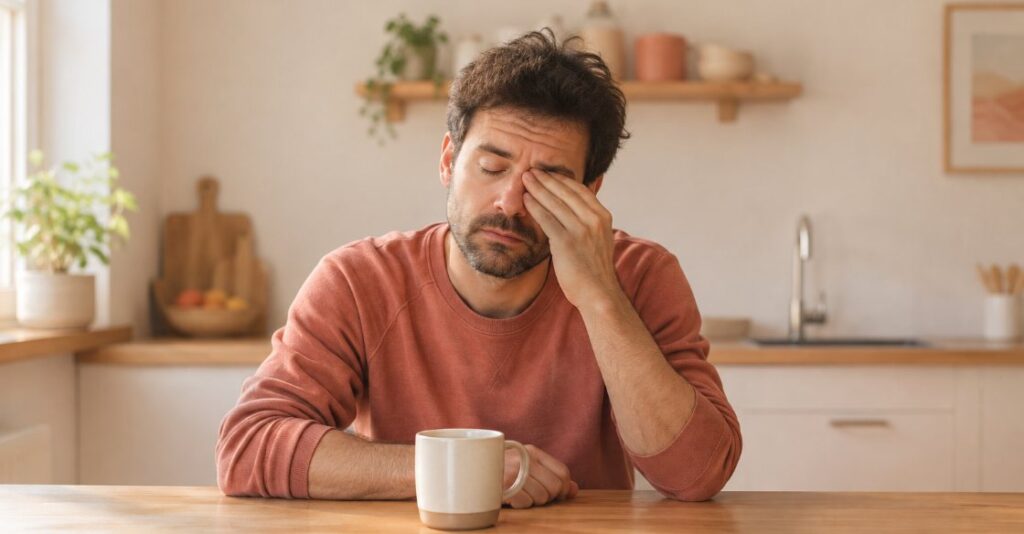 Man at a kitchen table rubbing his eyes, feeling tired, a common symptom of low iron