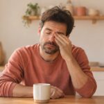 Man at a kitchen table rubbing his eyes, feeling tired, a common symptom of low iron