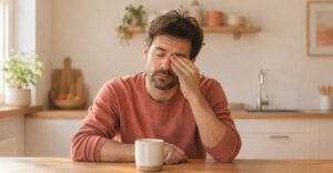 Man at a kitchen table rubbing his eyes, feeling tired, a common symptom of low iron