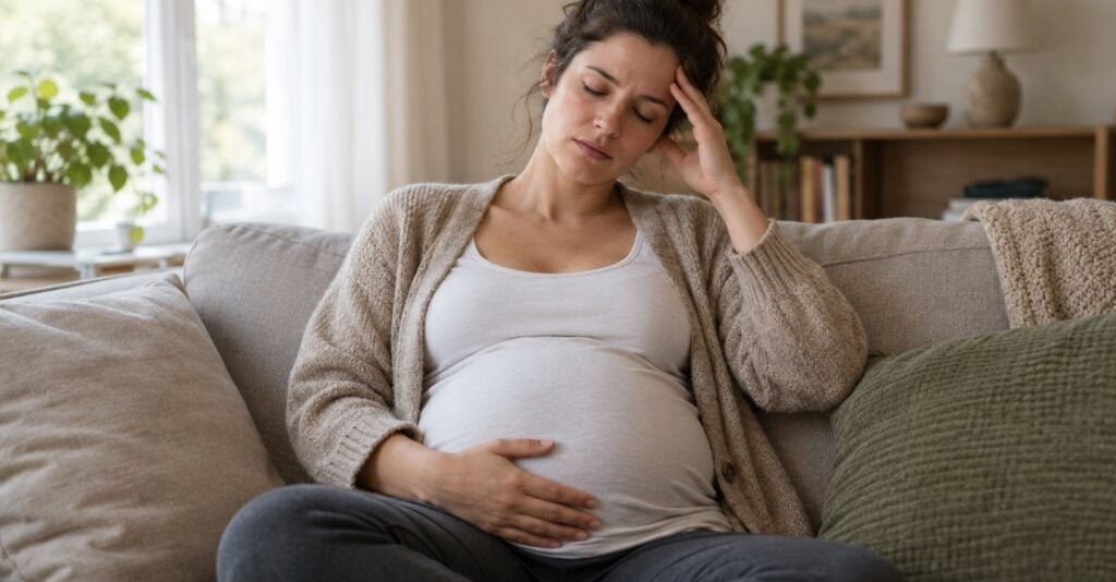 Pregnant woman resting on a sofa with her hand on her belly, looking tired, a common sign of low iron in pregnancy