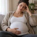 Pregnant woman resting on a sofa with her hand on her belly, looking tired, a common sign of low iron in pregnancy