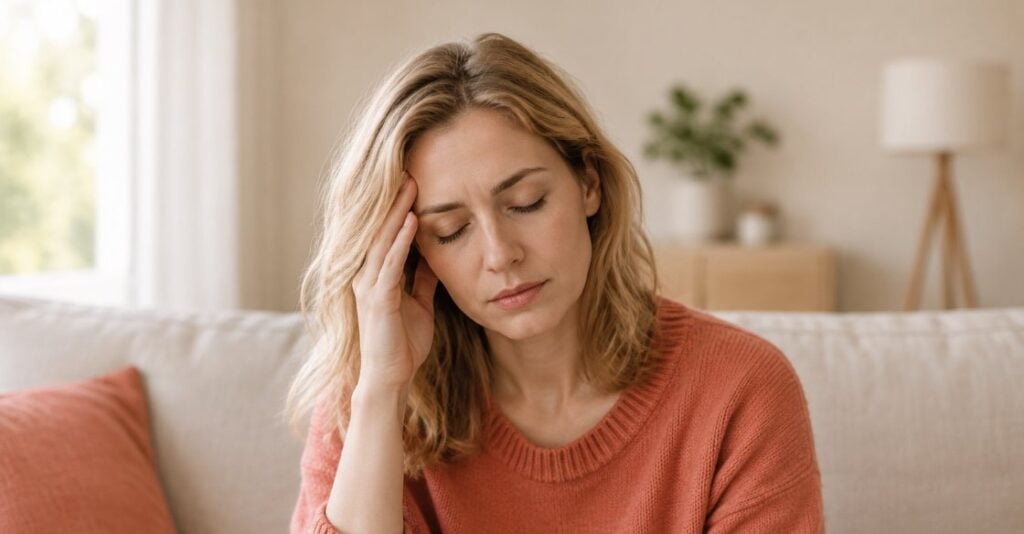 Woman resting her head in her hand on a sofa, feeling tired, a common symptom of anemia
