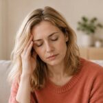 Woman resting her head in her hand on a sofa, feeling tired, a common symptom of anemia